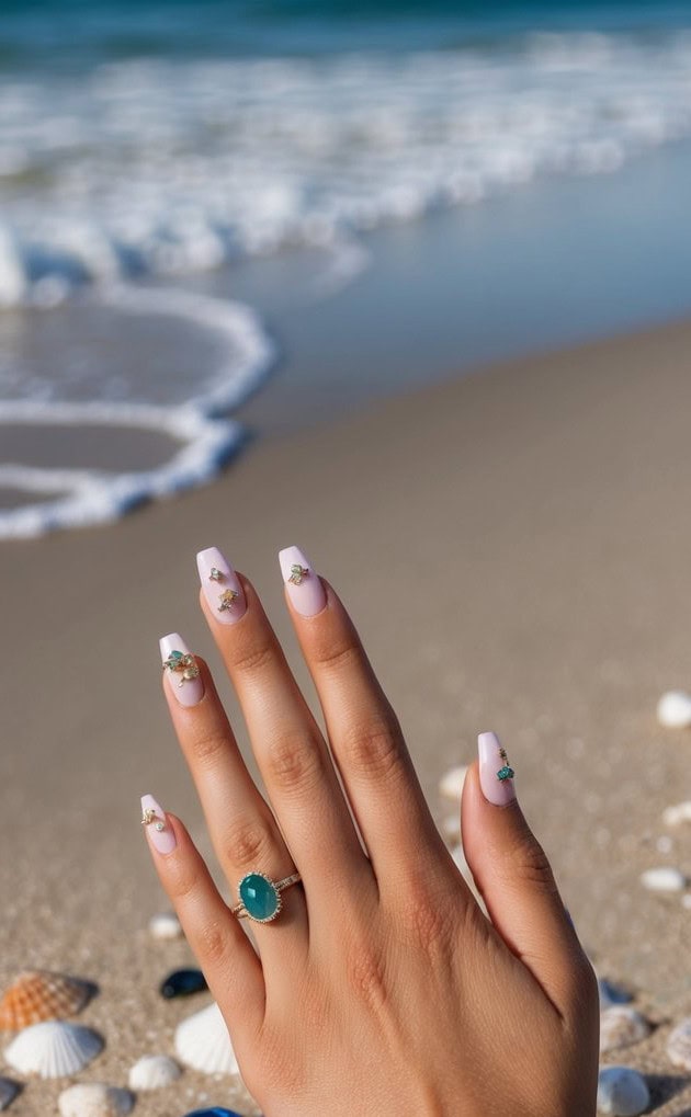 A dazzling underwater-inspired manicure with a soft pink base and sparkly rhinestones resembling ocean jewels