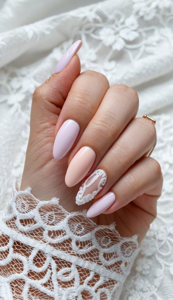 Soft pastel tones and intricate lace accents