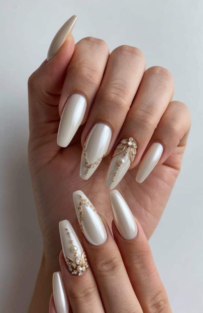 A close-up of elegant bridal nail art designs on pearlescent ivory nails