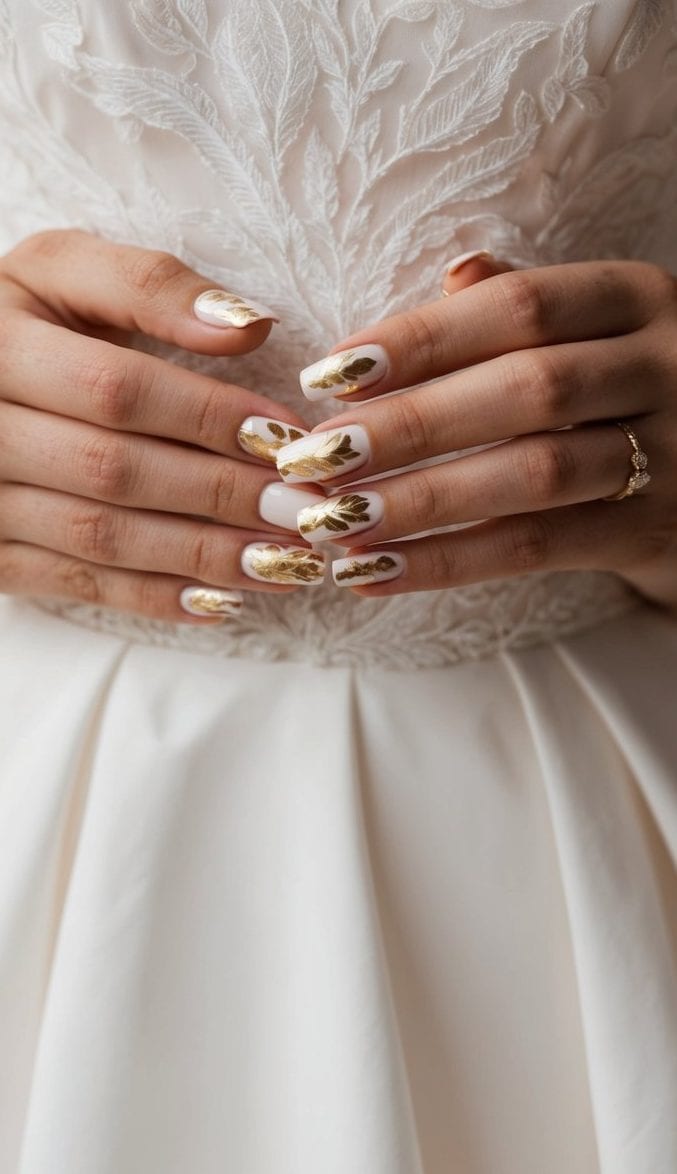 Stylish gold leaf accents add luxurious sparkle to bridal nails