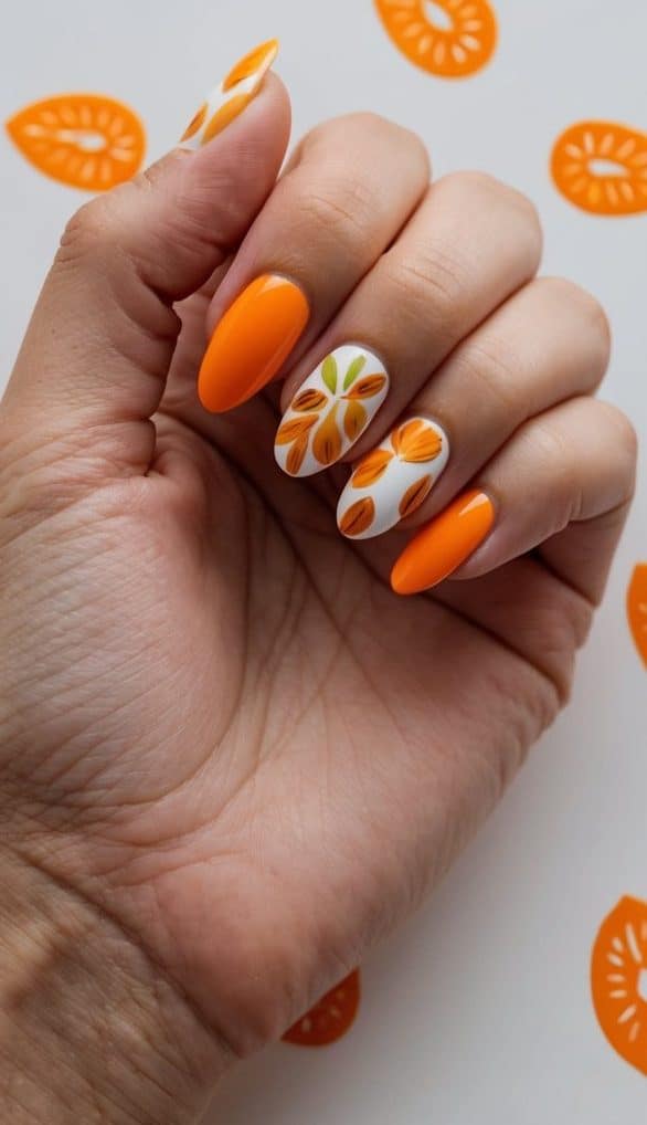 Orange almond nails with white accent nails featuring orange petal decorations