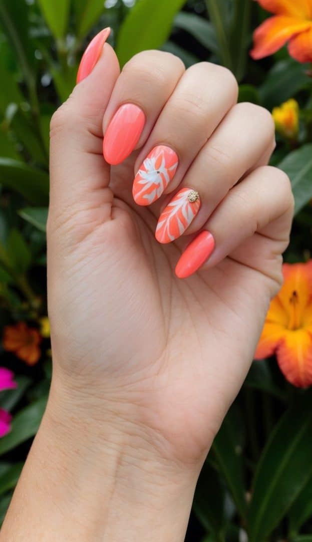 A vibrant coral base sets the stage for airy white floral designs and a breezy tropical aesthetic