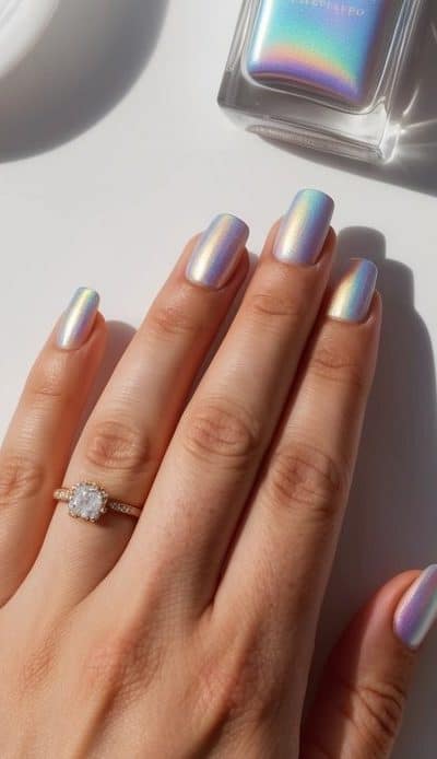 A close-up of formal nail art featuring sleek chrome nails with an iridescent rainbow finish, blending pastel pink, blue, and lavender for a sophisticated and luminous effect.