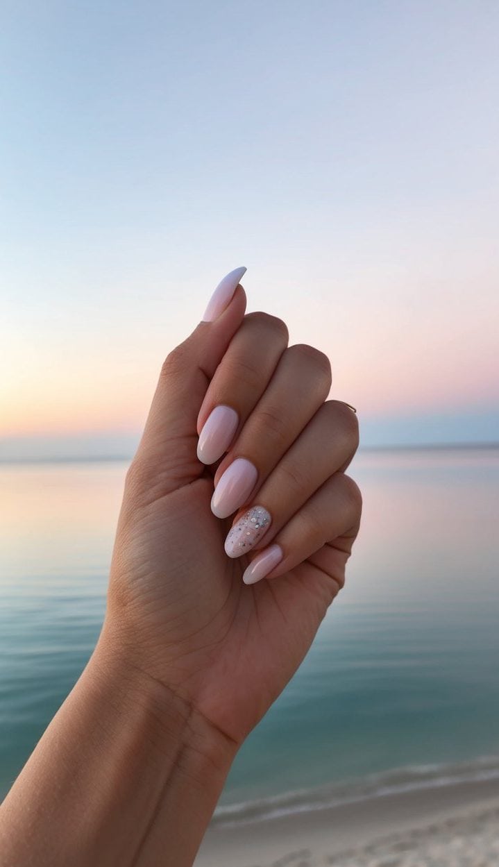 A timeless pale pink manicure with subtle glitter accents
