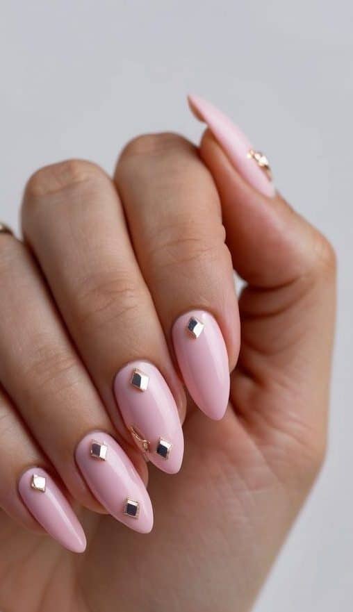 3D silver diamonds on pink bridesmaid nails