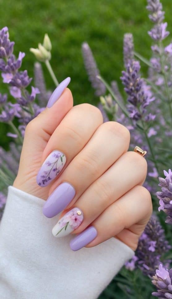 A lavender and white nail design with delicate spring flowers