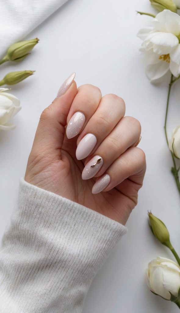 A trendy formal nail art design featuring nude-pink shimmer nails with a small gold accent, blending soft elegance with a touch of luxury.