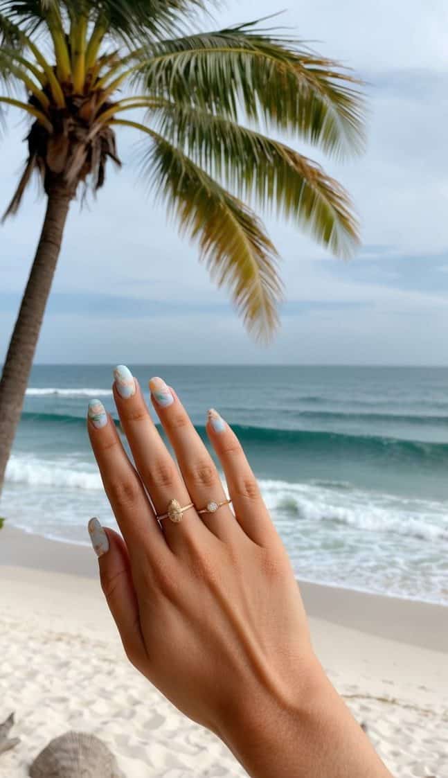 Soft blues and sandy neutrals swirl together in this breezy, wave-inspired manicure
