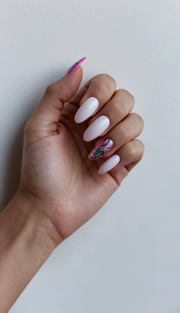 A close-up of formal nail art featuring glossy blush pink nails with a marbled pink and black accent design, adding a striking yet sophisticated contrast.