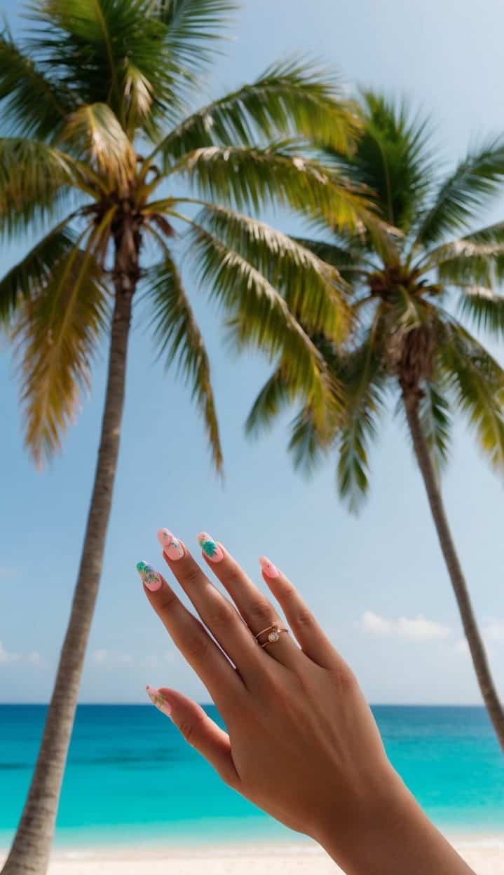 Pink nails with vibrant-colored florals and palm leaves