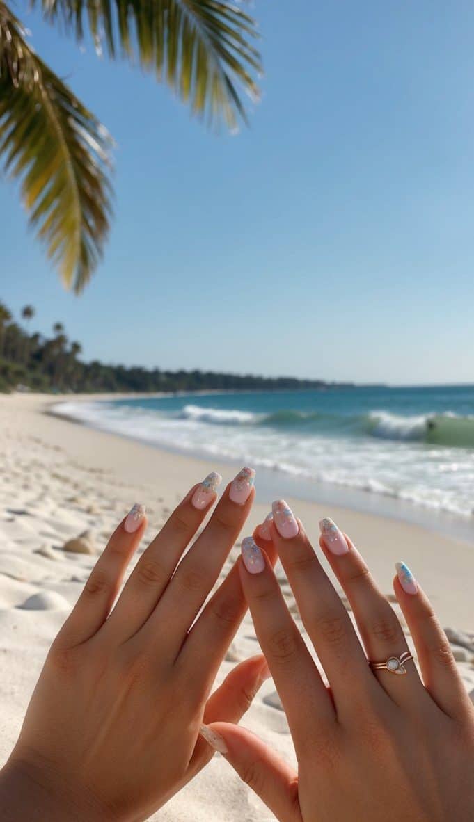 Pink nails are decorated with iridescent accents that enhance the dreamy, beachy charm of this manicure