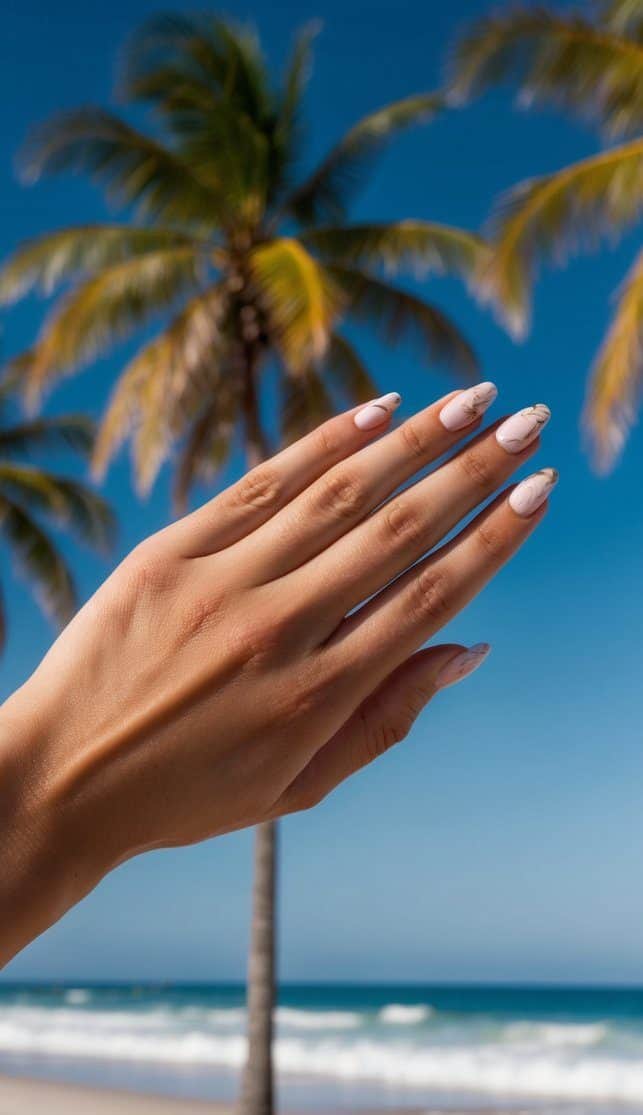 Swirling white and sandy marbled accents mimic the natural beauty of seashells