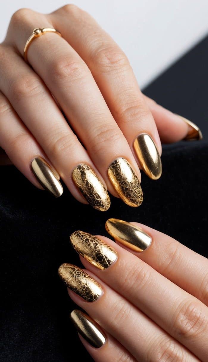 A close-up of formal nail art featuring almond-shaped nails with a mix of smooth metallic gold and textured lace-inspired accents for an elegant and eye-catching look.