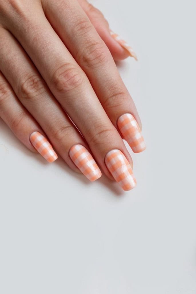 Peach gingham nails