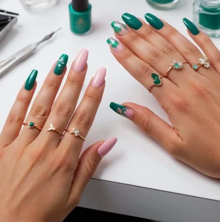 Emerald green nails with soft pink accents