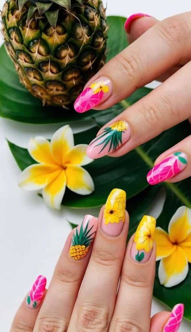 A tropical-inspired design with pineapples and pink flowers