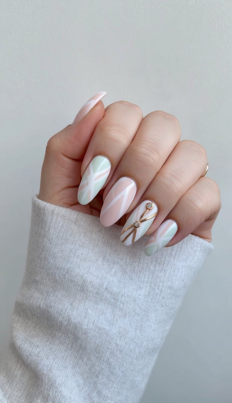 A close-up of elegant wedding nail art designs with soft geometric patterns in pastel colors