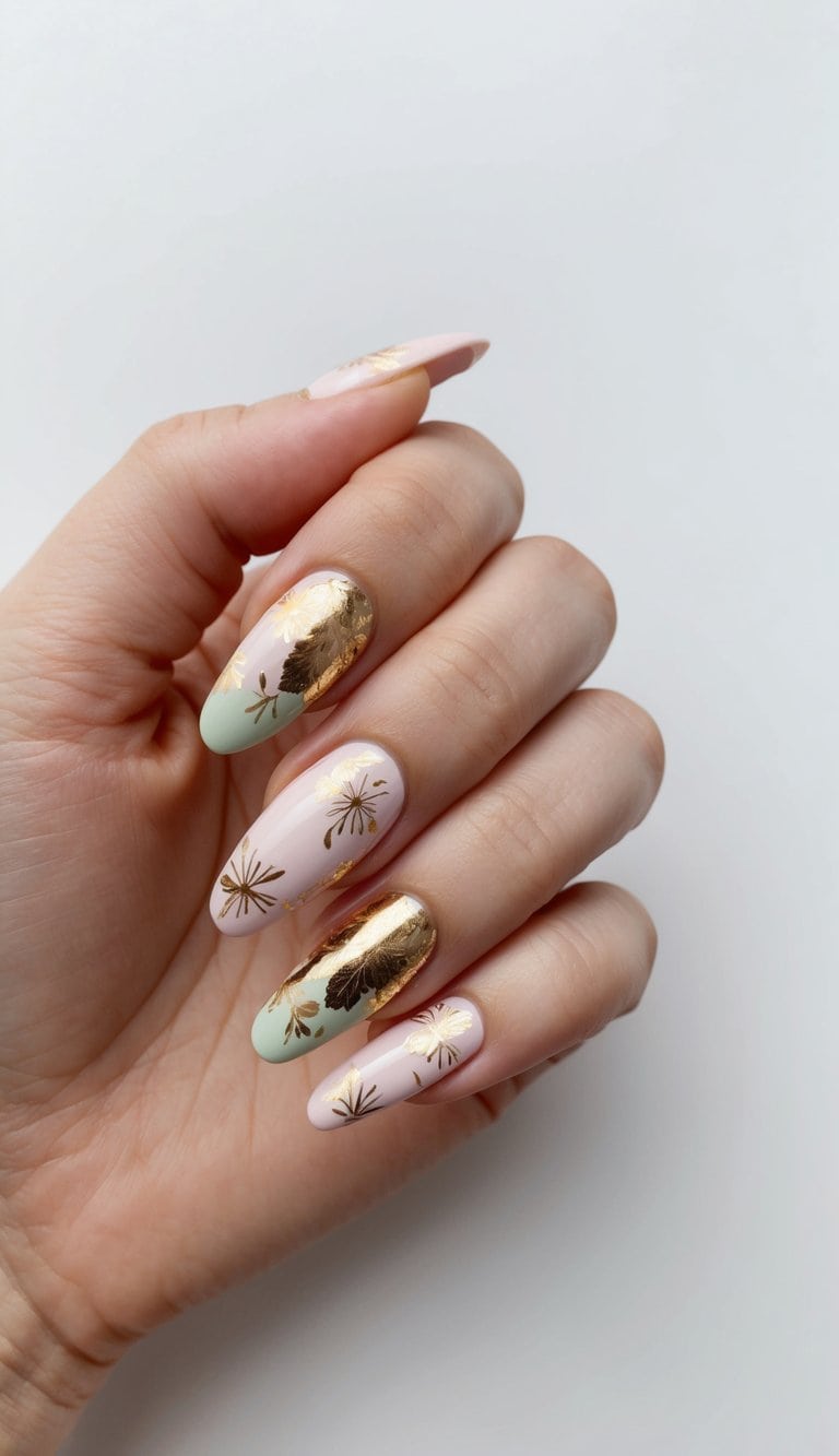 Delicate floral patterns with gold foil accents on soft pastel nails
