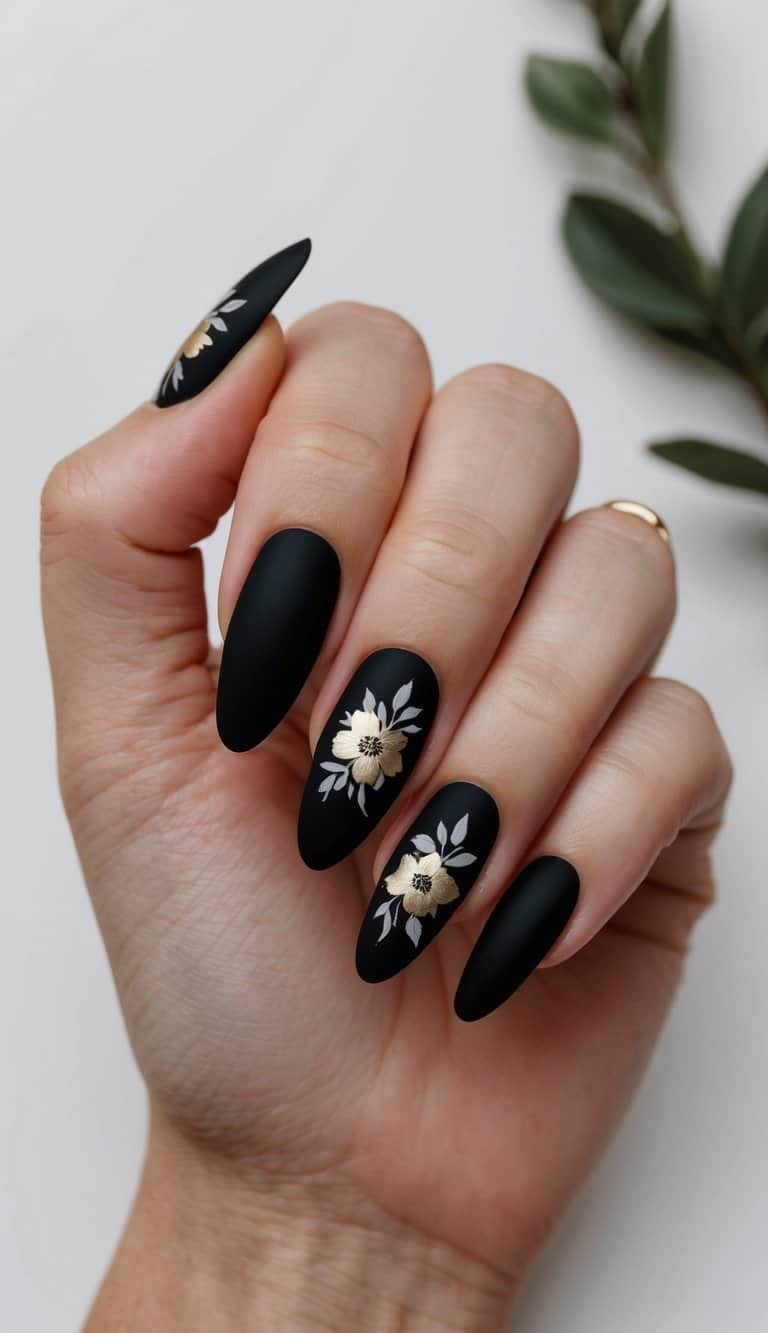 A matte black and gold nail art design with delicate floral accents