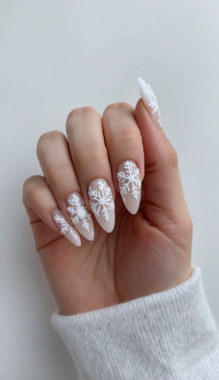 Delicate snowflakes adorn elegant wedding nails