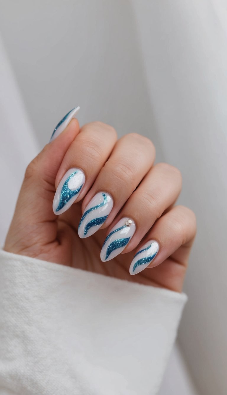 A close-up of elegant wedding nail art with sapphire glittery swirls on a soft background