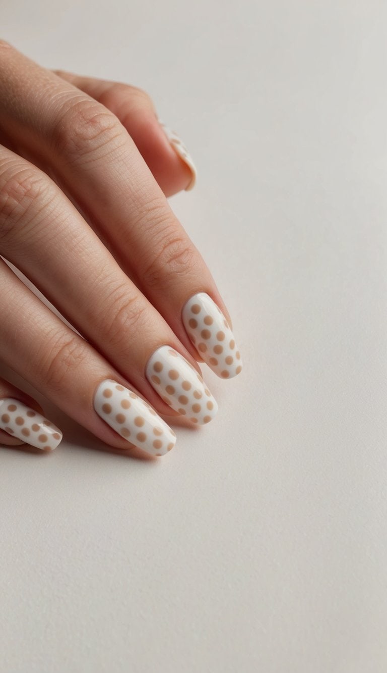 A vintage-inspired nail art design with soft polka dots on a neutral background