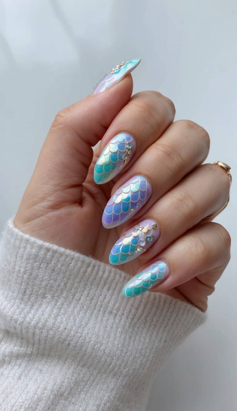 Glistening mermaid scales in pastel hues, adorned with delicate shimmering accents