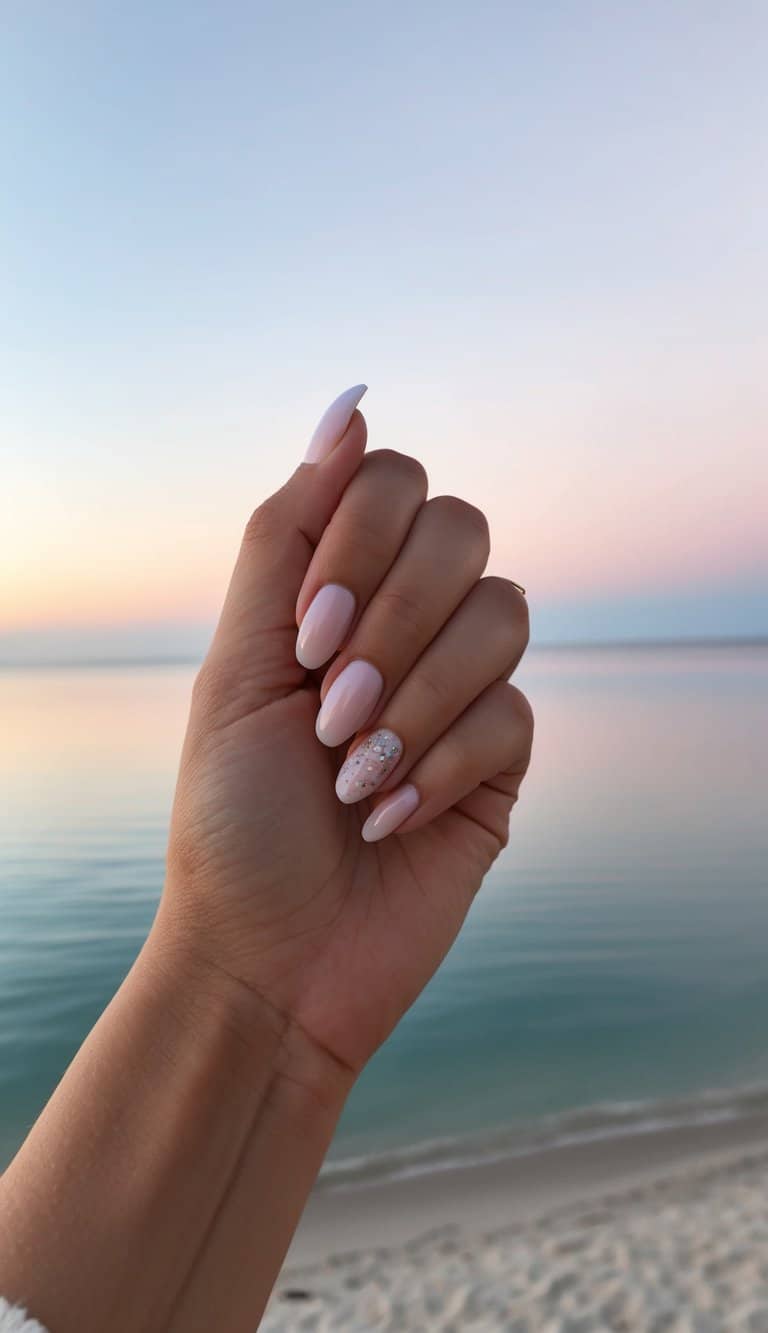 A serene beach at dusk, with a gradient sunset painting the sky in soft pastel colors, reflecting on the calm ocean waters