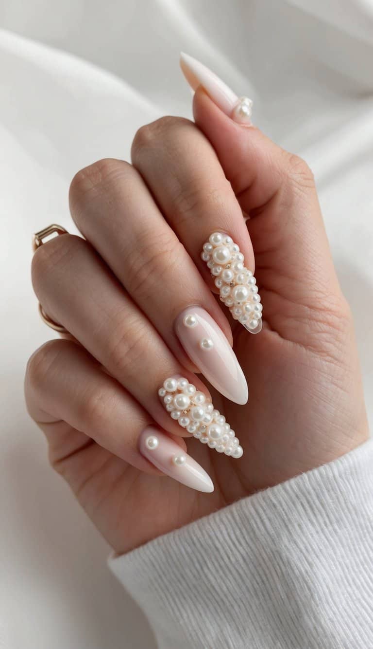 A chic French manicure adorned with delicate pearls on a soft background, perfect for elegant wedding nail art