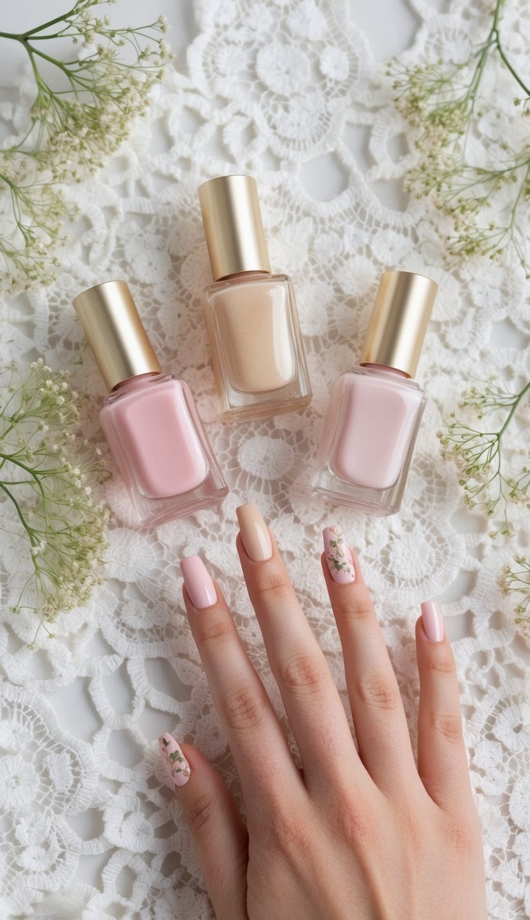 Soft pink and champagne colored nail polish bottles arranged on a white lace background with delicate floral accents