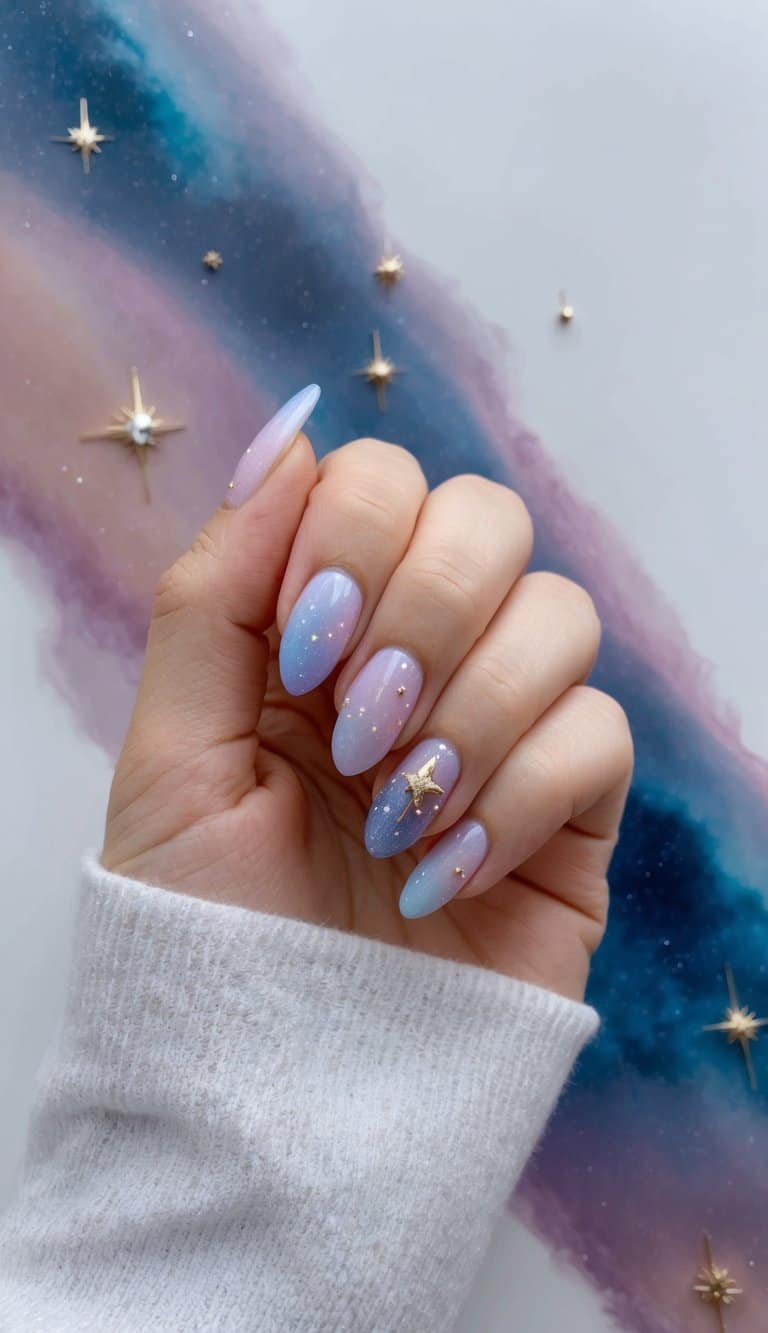 A celestial backdrop with delicate star clusters and swirling galaxies, set against a soft, dreamy color palette