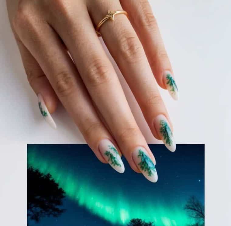 Creamy white nails adorned with intricate dark forest green tree designs for a serene, nature-inspired look