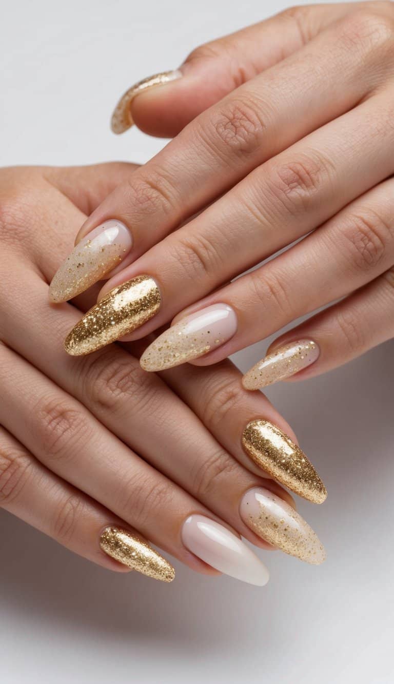 A close-up of two hands holding in a soft, golden glitter gradient, with elegant wedding nail art designs