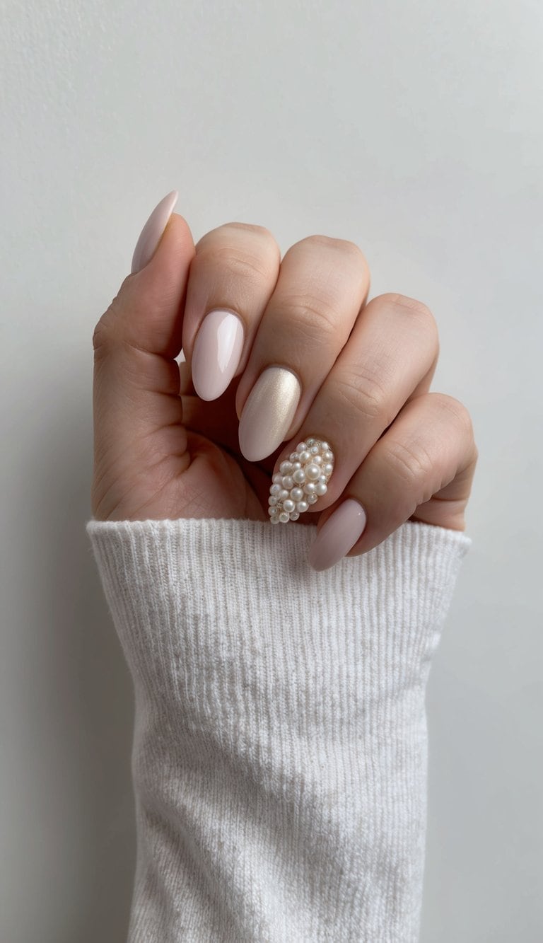 A hand holding a delicate nail with intricate caviar bead art in soft, elegant wedding colors