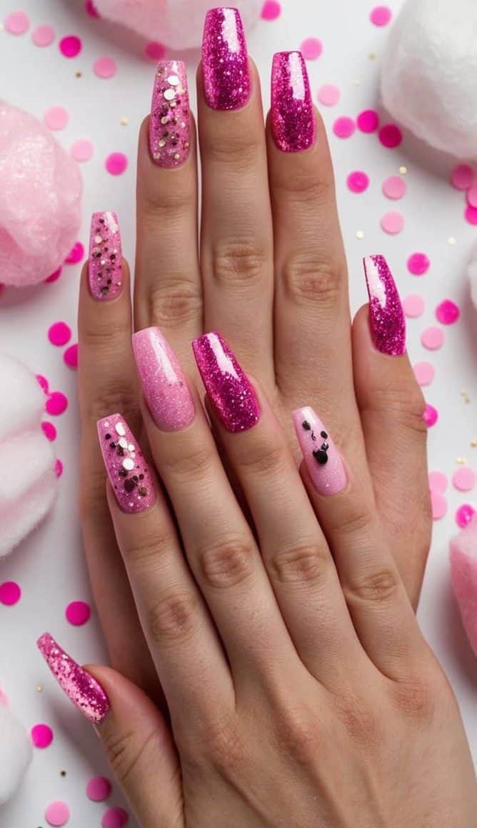 Pastel pink and fuchsia pink glitter nails with chunky silver glitter accents