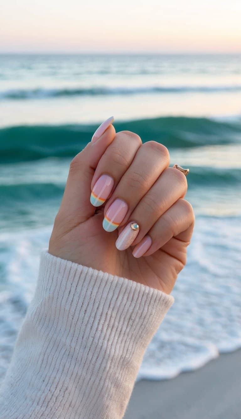 This modern French manicure features soft pastel tips in ocean blue, outlined with golden yellow and bright orange