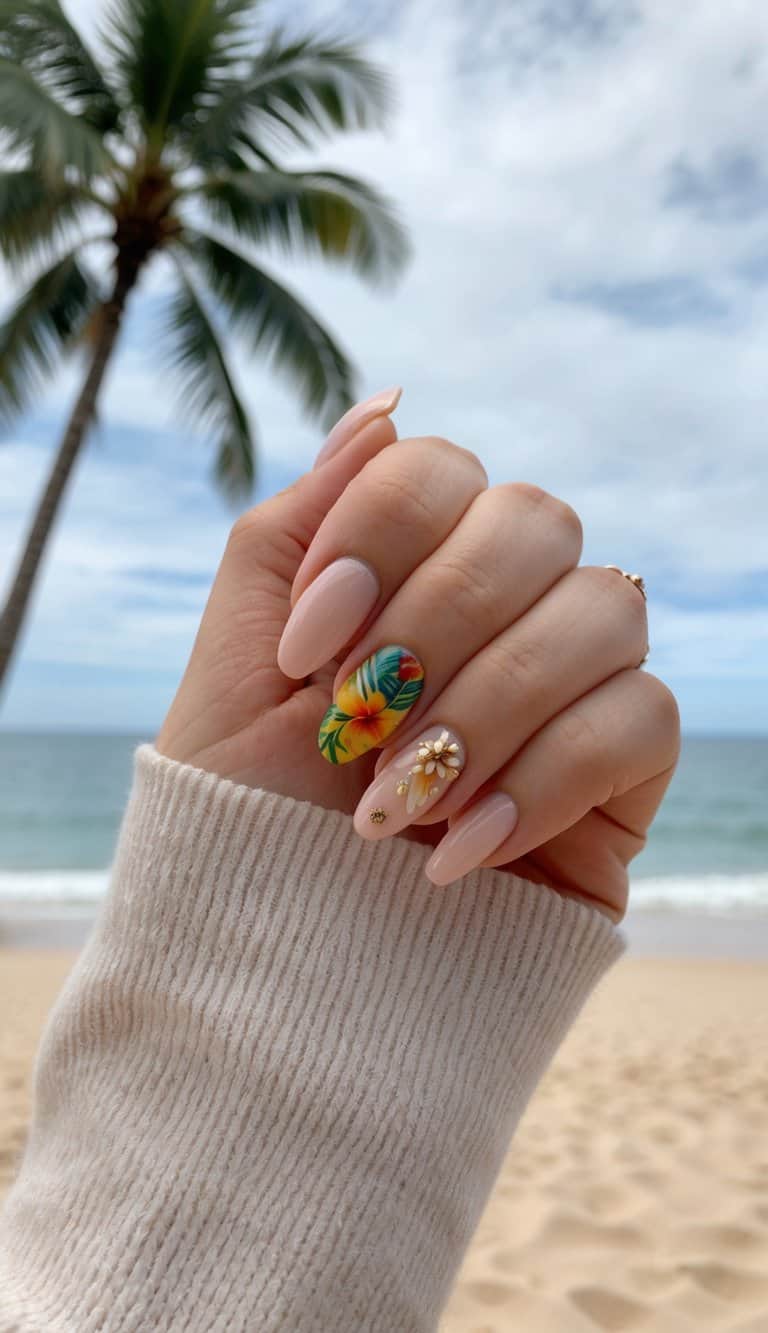 A soft nude base keeps this manicure effortlessly chic, while a bold hibiscus accent adds a vibrant, island-inspired touch