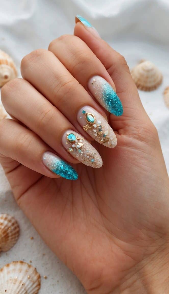 Sparkling sand, seashells, and waves inspire beach-themed nail art