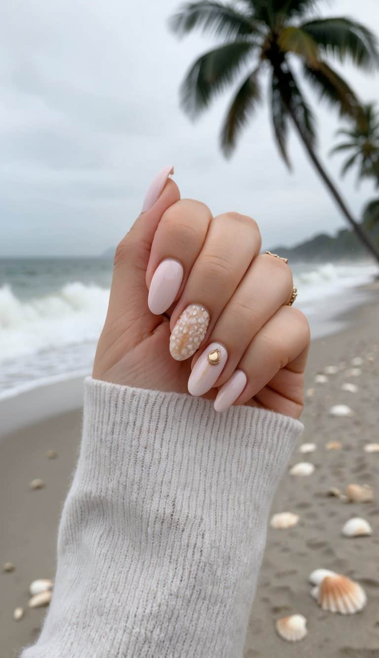 A beach manicure with soft nude tones and a 3D gold accent