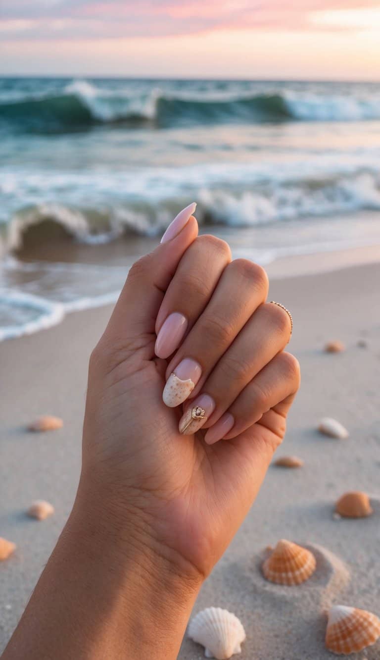 Nude nails with seashell textures and shimmering gold accents