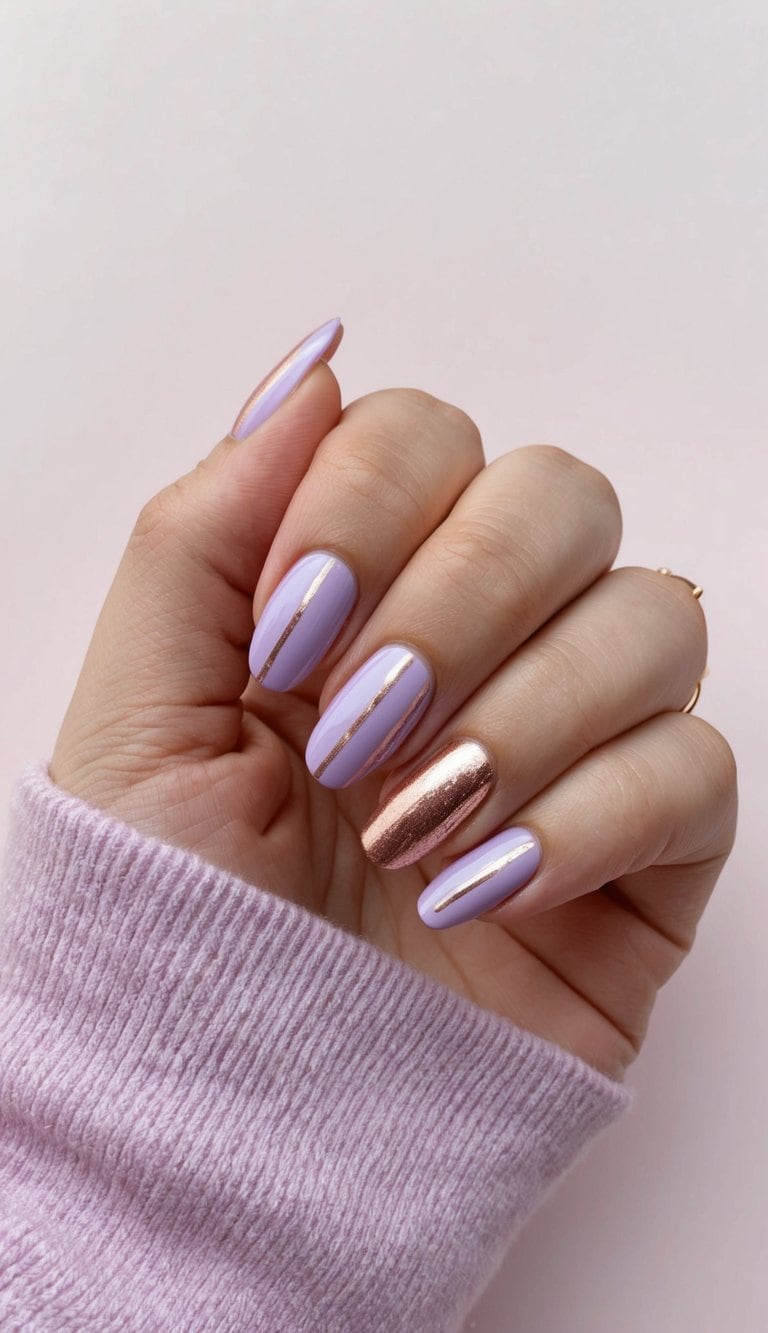 Lilac and rose gold stripes nail art on a pastel background