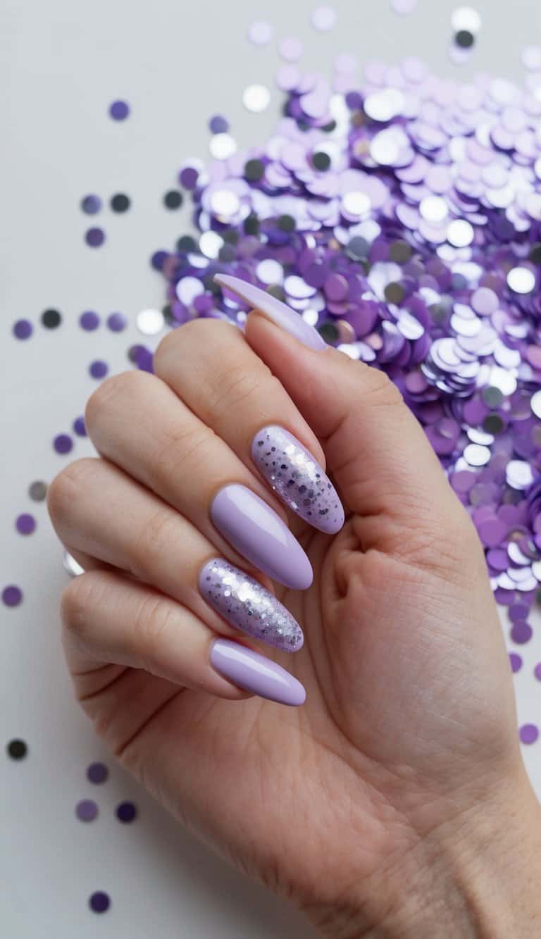 Lilac and silver confetti scattered around pastel nail art designs