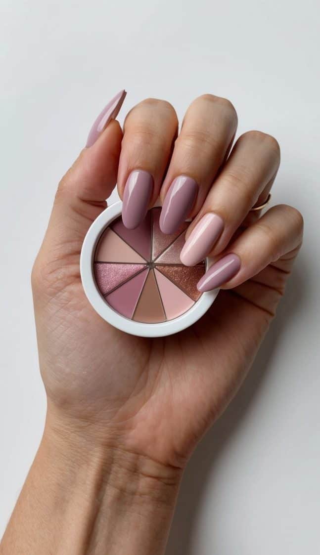 A manicured hand with mauve French tips holding a nail art palette with various shades of soft dusty pink hues