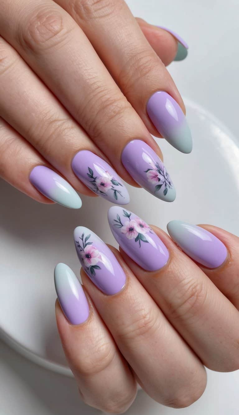 A dreamy lilac gradient nail art design with swirling pastel shades and delicate floral accents