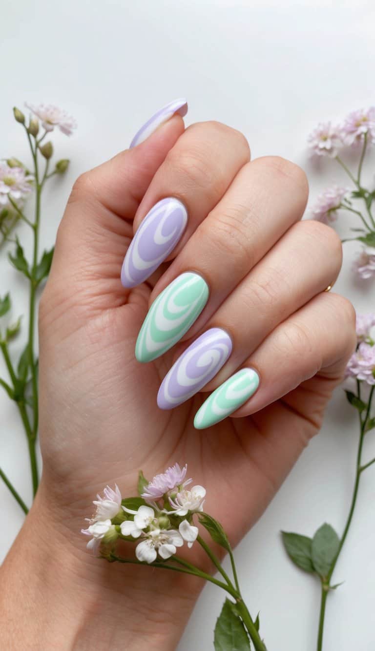 Pastel lilac and mint swirls on nails, surrounded by delicate flowers and leaves