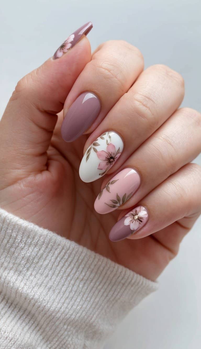 A close-up of mauve nails with floral designs, soft pink hues, and neutral accents