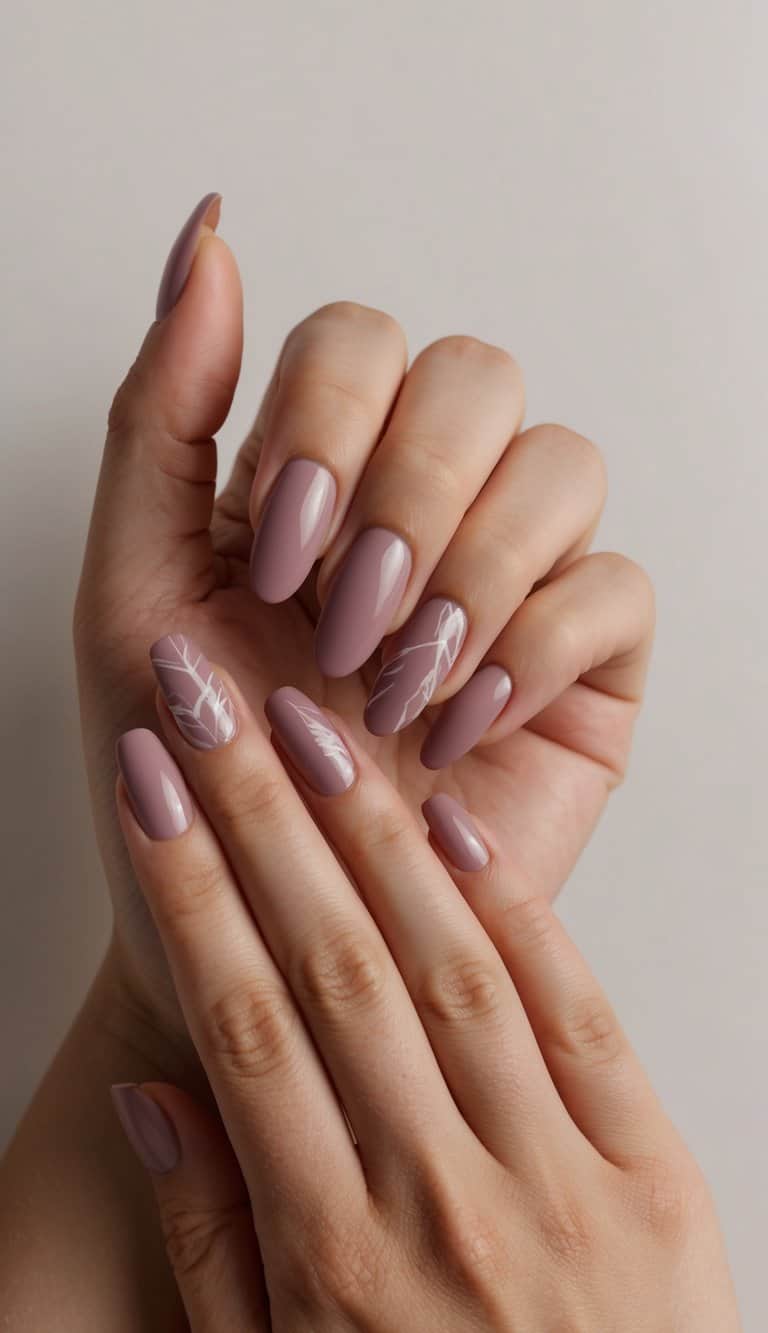 A close-up of mauve nail art on a neutral background