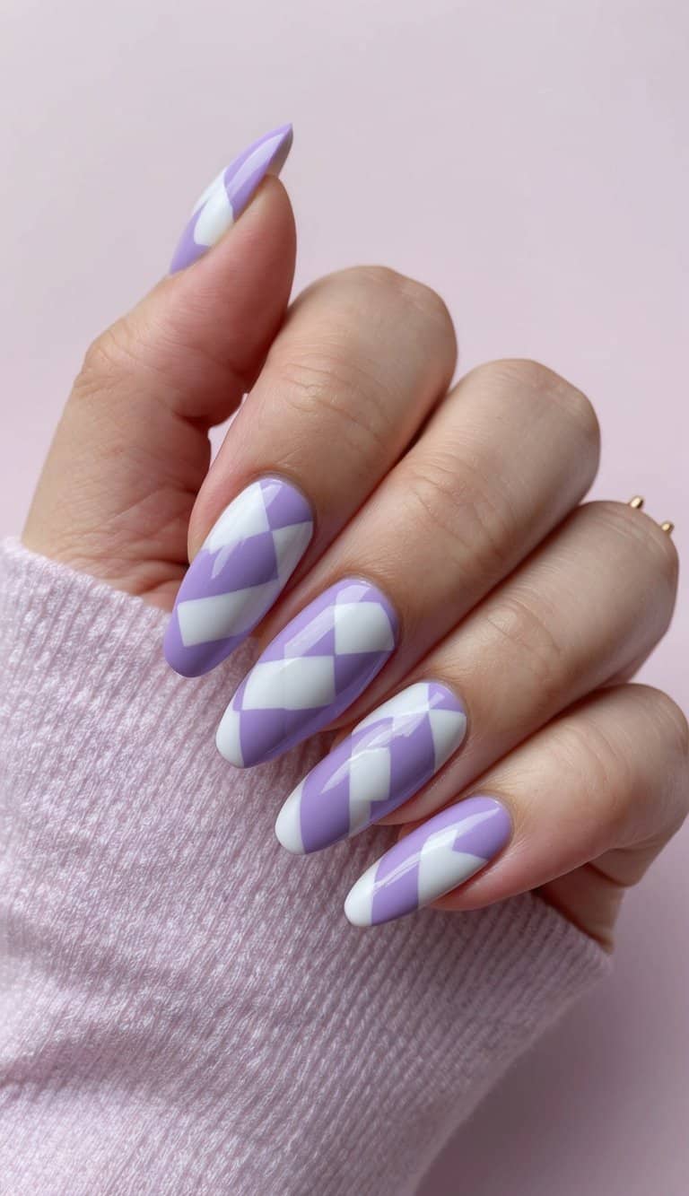A close-up of lilac checkerboard nail art designs on a pastel background