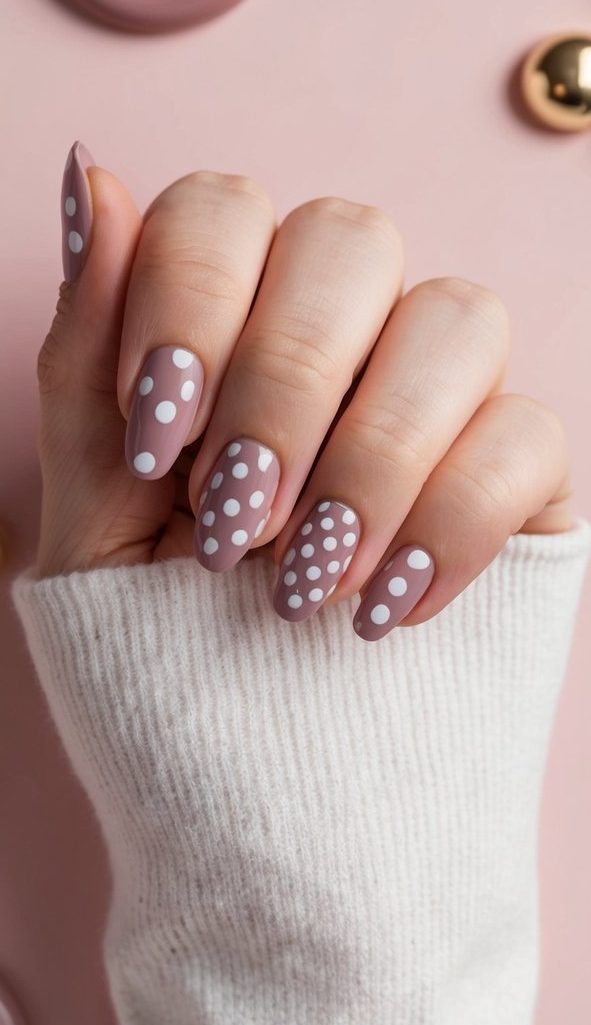 A close-up of mauve and white polka dot nail art on a soft pink background, with various design ideas scattered around