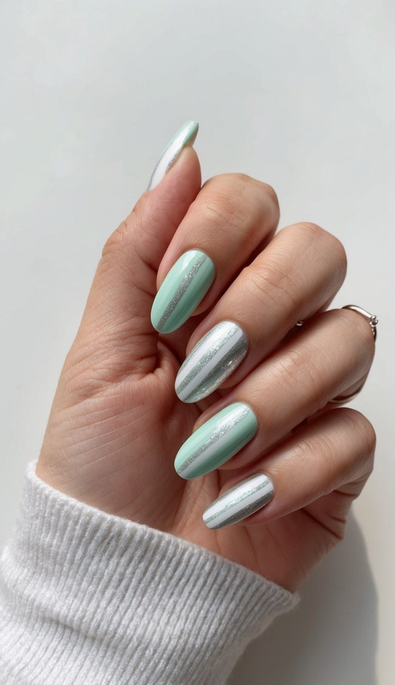 A close-up of mint green and silver striped nail art on a clean, manicured surface